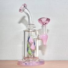 Load image into Gallery viewer, Pink Glass Bong with Leaves and Thick Water Chamber | Shop Bloomfield | 14mm Pink Bowl Piece