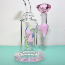 Load image into Gallery viewer, Pink Glass Bong with Milky Leaves and Pink Diamond Bowl Piece | Shop Bloomfield