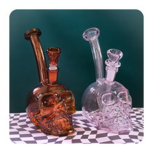 Load image into Gallery viewer, Pretty Amber and Pink Skull Bongs / Water Pipe with free Matching 14mm bowl piece
