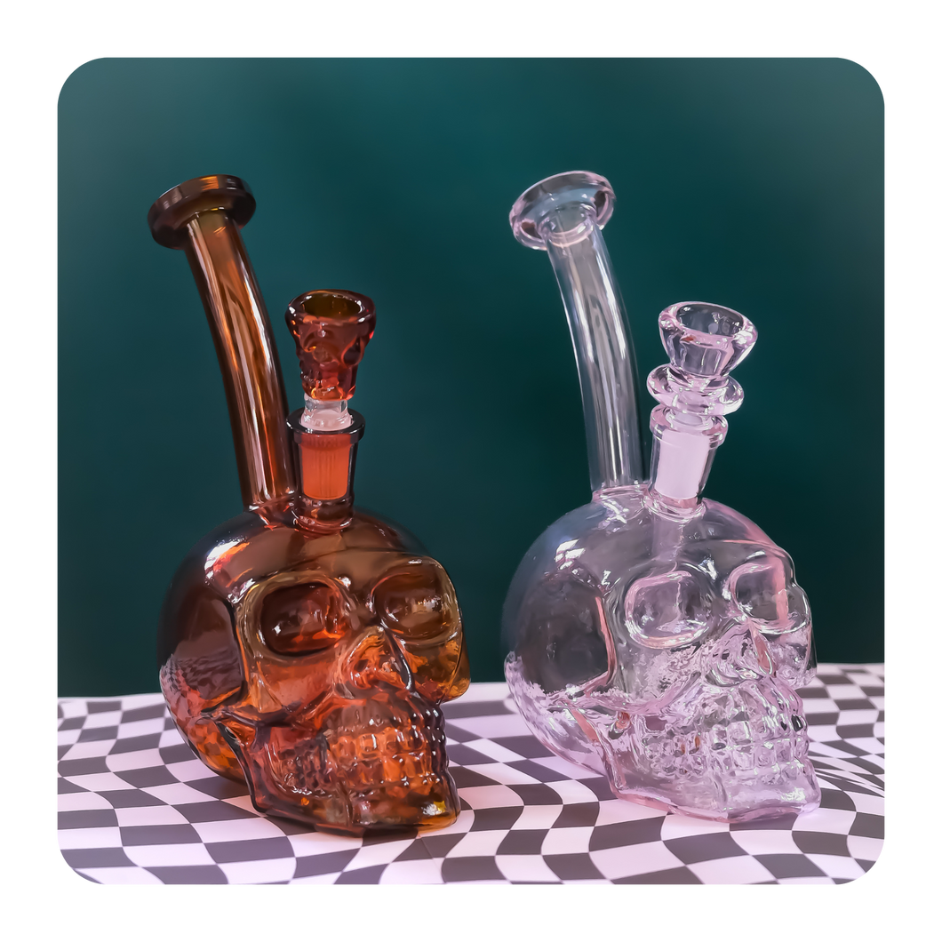 Pretty Amber and Pink Skull Bongs / Water Pipe with free Matching 14mm bowl piece