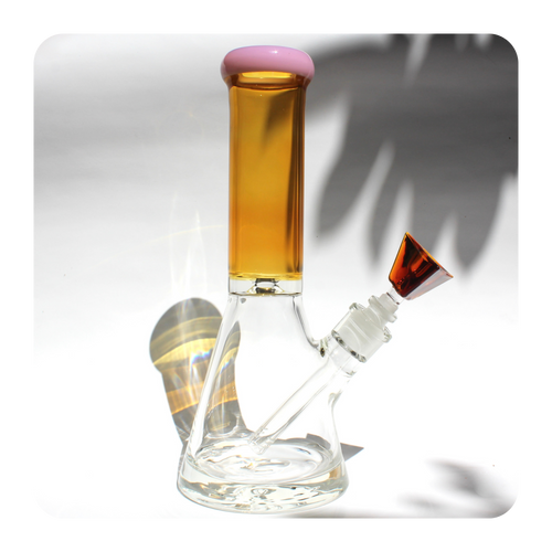 Large Amber Bong for Sale with Pink Mouth piece and Triangle 14mm Bowl Piece