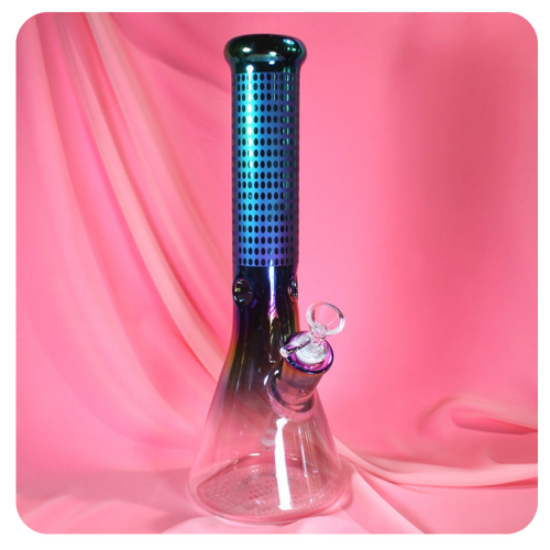 Large Iridescent Beaker Bong with Thick Glass | Laser-Etched Polka Dots