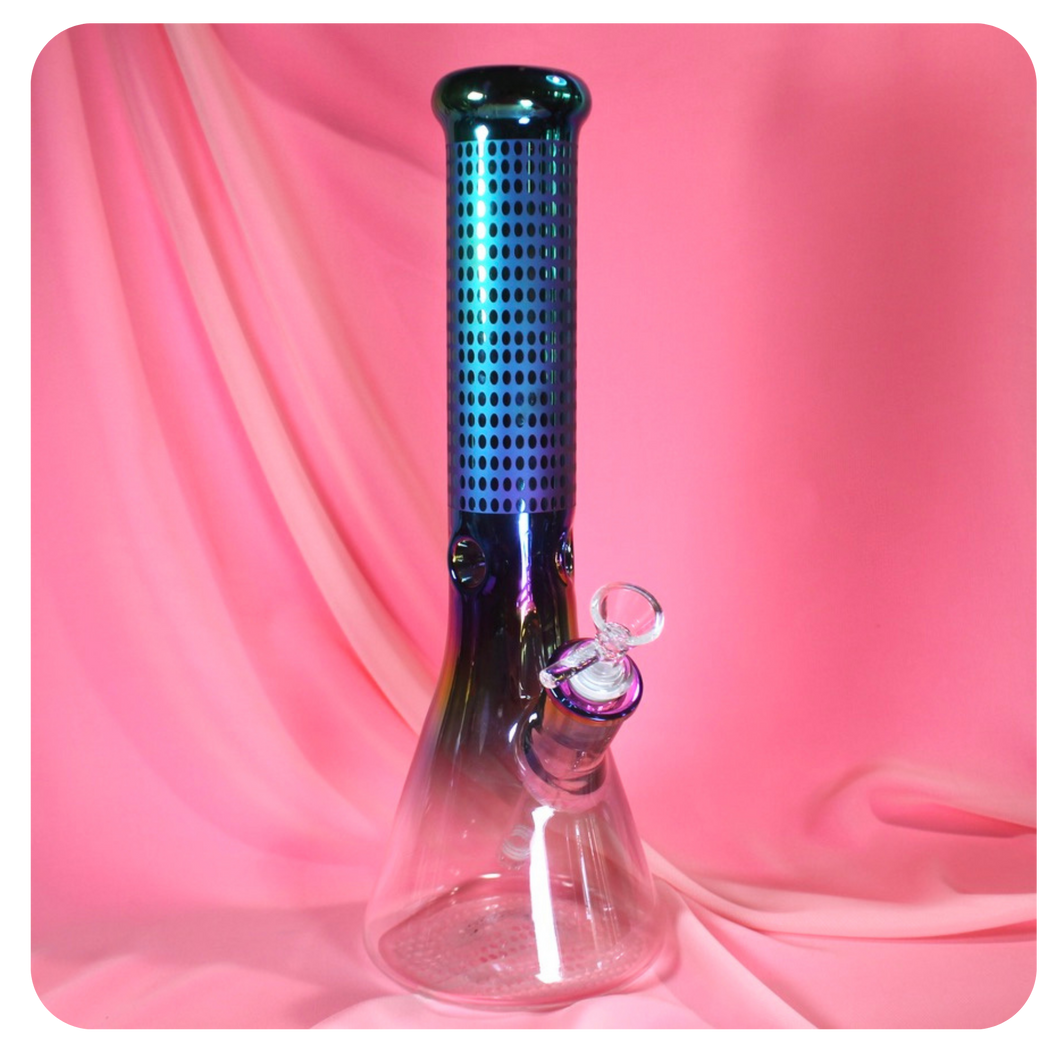 Large Iridescent Beaker Bong with Thick Glass | Laser-Etched Polka Dots