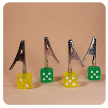 Load image into Gallery viewer, Green and Yellow Dice Roach Clips, Visit our online smoke shop for a huge selection of smoking accessories
